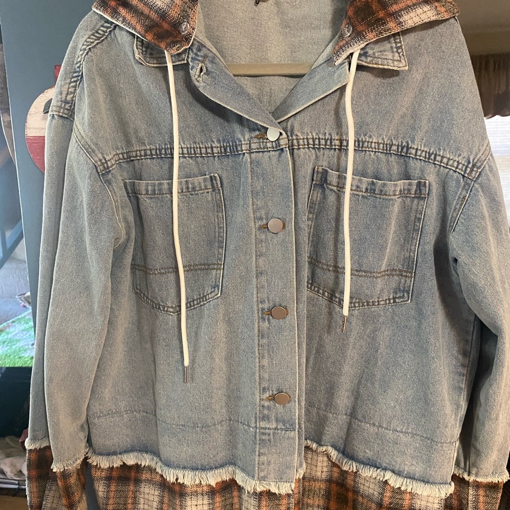 BiBi Blue Denim Jacket with Brown Plaid Accents